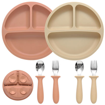 Picture of Eascrozn Silicone Baby Feeding Set, 2 Pack Divided Suction Plates for Baby, 2 Pack Spoons and Forks Set Baby Eating Essentials, Feeding Supplies for Toddler Utensils, BPA Free