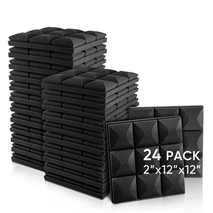 Picture of Fstop Labs Acoustic Foam Panels, 24 Pack Black 2'' X 12" X 12" Mushroom Studio Wedge Tiles, Sound Panels Sound Proof Foam Panels Sound Proofing Padding For Wall