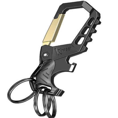 Picture of Kivssi Heavy duty metal keychains, Carabiner clip Car key chains,Fashion family keychain bottle opener and 3 Key Rings suitable for men and women.（Gold-1pcs）