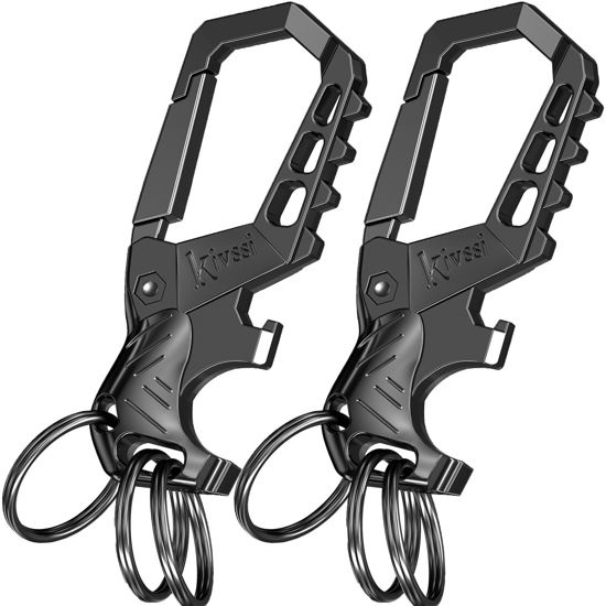 Picture of Kivssi Heavy duty metal keychains, Carabiner clip Car key chains,Fashion family keychain bottle opener and 3 Key Rings suitable for men and women.(Black-2pcs)