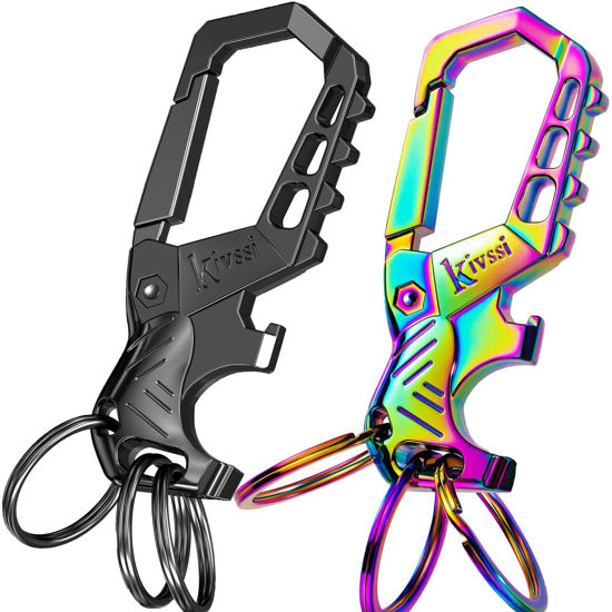 Picture of Kivssi Heavy duty metal keychains, Carabiner clip Car key chains,Fashion family keychain bottle opener and 3 Key Rings suitable for men and women.(Black+Multicolor)