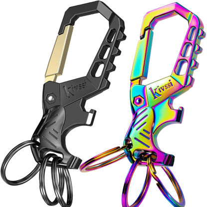 Picture of Kivssi Heavy duty metal keychains, Carabiner clip Car key chains,Fashion family keychain bottle opener and 3 Key Rings suitable for men and women.(Gold+Multicolor)