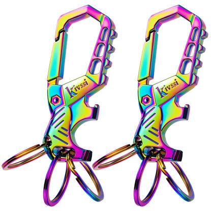 Picture of Heavy duty metal keychains, Carabiner clip Car key chains,Fashion family keychain bottle opener and 3 Key Rings suitable for men and women.（Multicolor-2pcs）