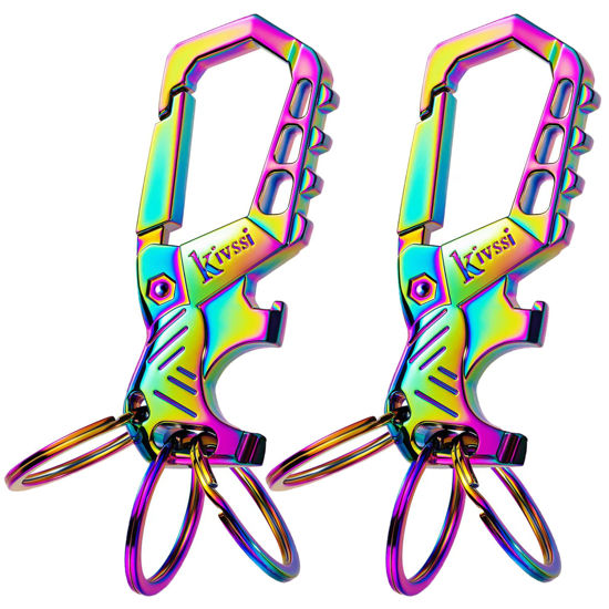 Picture of Heavy duty metal keychains, Carabiner clip Car key chains,Fashion family keychain bottle opener and 3 Key Rings suitable for men and women.（Multicolor-2pcs）