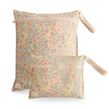 Picture of mushie Water Resistant Wet Bags | Large & Small Reusable Storage Bag for Baby Items and Travel | Zippered Pockets with Handle | Machine Washable, Set of 2 (Pastel Blooms)