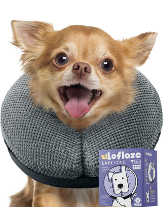 Picture of Loflaze Soft Inflatable Dog Cone Collar Alternative After Surgery - Dog Neck Donut E Collar for Large Medium Small Dogs Cats Post Surgery - Recovery Collar to Stop Licking - Grey, S