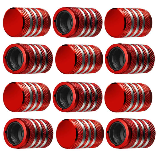 Picture of Tire Valve Stem Cap Cover - (12 Pack) Tire Air Caps Metal with Plastic Liner Corrosion Resistant Leak-Proof for Car Truck Motorcycle SUV and Bike Red