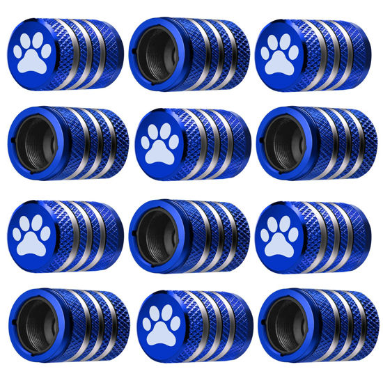 Picture of Tire Valve Stem Cap Cover - (12 Pack) Tire Air Caps Metal with Plastic Liner Corrosion Resistant Leak-Proof Cat/Dog Paw for Car Truck Motorcycle Bike Blue