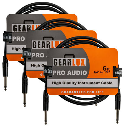 Picture of Gearlux Instrument Cable/Guitar Cable, 1/4-inch to 1/4-inch, Black, 6-Feet - 3 Pack