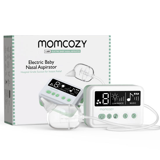 Picture of Momcozy Nasal Aspirator for Baby, [Hospital Grade] 70kPa Electric Nose Aspirator for Toddler, Baby Nose Sucker with 9 Suction Levels, Automatic Nose Cleaner with 3 Silicone Tips, 9 Music and 3 Lights