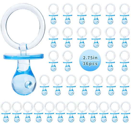 Picture of Pacifiers for Baby Shower Game, 36 Plastic Pacifiers for Baby Shower Decoration DIY, Large Size Baby Shower Pacifiers, Gender Reveal Party Table Scatter/Hunt Baby Shower Game Props(Blue, 2.75 in)