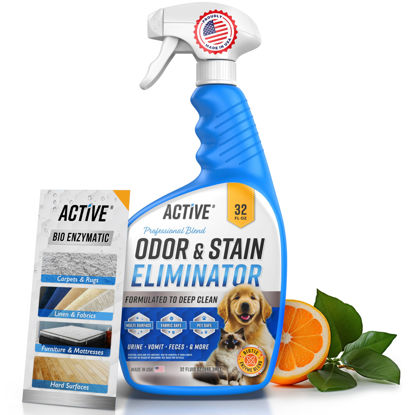 Picture of Pet Odor and Stain Eliminator - 32 oz ACTIVE Enzyme Cleaner for Dog & Cat Urine, Stain Remover Spray for Carpet, Upholstery, Hardwood, Spot Cleaning, Deodorizer for Dogs Cats Pets - Natural Citrus Oil