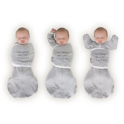 Picture of SwaddleDesigns Omni Swaddle Sack for Newborn, Transitional Swaddle Sack with Wrap & Arms Up Sleeves & Mitten Cuffs, Easy Transition Swaddle Sleep Sack, Heathered Gray, Eat & Sleep, Small, 0-3 Months