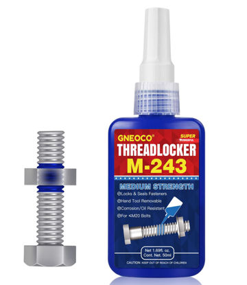 Picture of ThreadLocker Blue, Thread Lock Medium Strength Lock Tight for Nuts, Bolts, Fasteners and Metals, Anaerobic Curing Metal Glue to Prevent Loosening and Corrosion (M243-50ml)