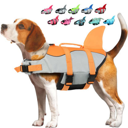 Picture of EMUST Dog Life Jacket, Ripstop Dog Lifesaver Vests with Rescue Handle for Small Medium and Large Dogs, Pet Safety Swimsuit Preserver for Swimming Pool Beach Boating (XS, Orange)