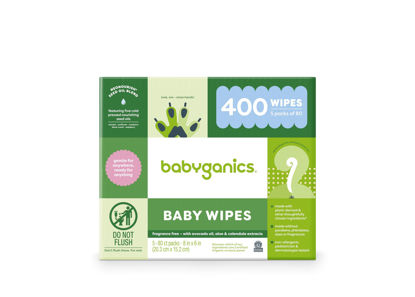 Picture of Babyganics Baby Wipes, Unscented Diaper Wipes, 400 Count, (5 Packs of 80), Non-Allergenic and formulated with Plant Derived Ingredients