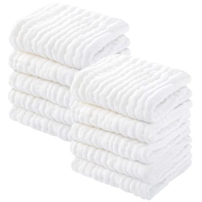 Picture of Yoofoss Muslin Baby Washcloths 100% Cotton Face Towels 10 Pack Wash Cloths for Baby 12x12in Soft and Absorbent Baby Wipes (White)