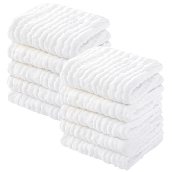 Picture of Yoofoss Muslin Baby Washcloths 100% Cotton Face Towels 10 Pack Wash Cloths for Baby 12x12in Soft and Absorbent Baby Wipes (White)