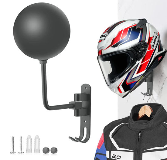 Picture of SANGMO Grey 180° Motorcycle Helmet Rack, Rotation Metal Helmet Holder Wall Mount, Helmet Holder Bike with 2 Hooks Helmet Hanger for Motorcycle Bike Coats, Caps, Baseballs, Rugby Helmet