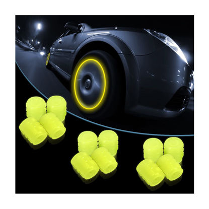 Picture of 12PCS Fluorescent Car Tire Valve Stem Caps, Auto Corrosion Resistant Wheel Valve Cover, Luminous Illuminated Glow in The Dark, Car Decor Accessories Universal for SUV, Trucks, Car (Yellow1)