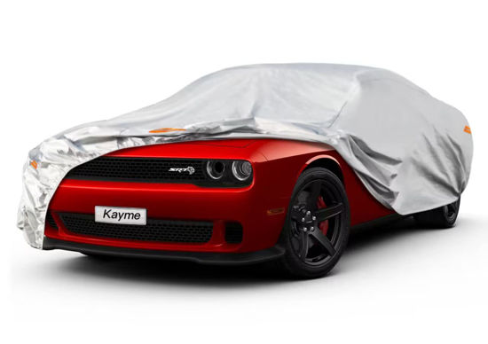 Picture of Kayme 6 Layers Car Cover Custom Fit for Dodge Challenger Hellcat (2008-2024) Waterproof All Weather for Automobiles, Outdoor Full Cover Rain Sun UV Protection.Silver