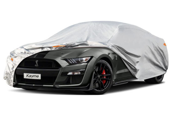 Picture of Kayme 6 Layers Car Cover Custom fit for Ford Mustang/Shelby (1964-2025) Waterproof All Weather for Automobiles, Outdoor Full Cover Rain Sun UV Protection.Silver
