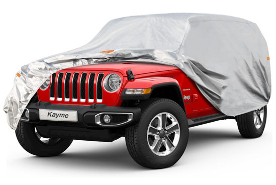 Picture of Kayme 6 Layers Car Cover Custom Fit for Jeep Wrangler 4 Dr/Unlimited 4 Door JK JL, Waterproof All Weather for Automobiles, Outdoor Full Cover Rain Sun UV Protection.Silver