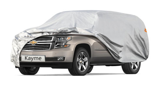 Picture of Kayme 6 Layers SUV Car Cover Custom Fit for Chevrolet Chevy Tahoe (2007-2024) Waterproof All Weather for Automobiles, Outdoor Full Cover Rain Sun UV Protection.Silver