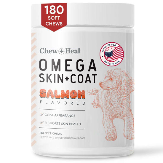 Picture of Salmon Oil for Dogs - Soft Chew Omega Treats for Skin and Coat - Fish Oil Blend of Essential Fatty Acids, Omega 3 and 6, Vitamins, Antioxidants and Minerals - Made in USA (180 Chews, Salmon)