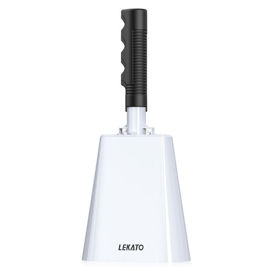 Picture of LEKATO 10 Inch Cowbell Noise Makers, Cow bell with Handle for Sporting Events Cheering Steel Cow Bell for Football Games,Party, Concert, Graduation, School, Farm Ranch(White)