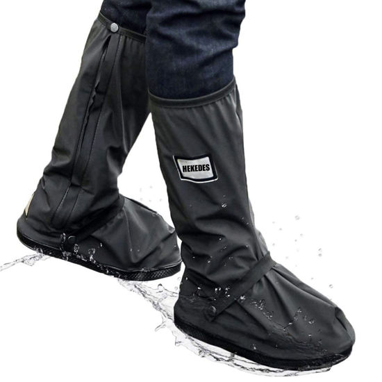 Picture of HEKEDES Waterproof Shoe Covers, Reusable & Foldable Rain Boot Shoe Cover with Zipper, Non-Slip, Reflector, Men Women Rain Gear, Black