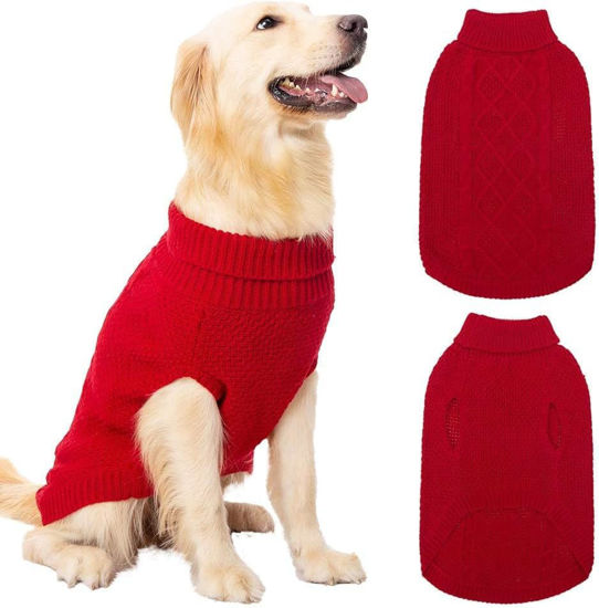 Picture of Mihachi Turtleneck Dog Sweater - Winter Coat Apparel Classic Cable Knit Clothes with Leash Hole for Cold Weather, Ideal Gift for Pet in New Year Red X-Large