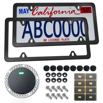 Picture of ZXFOOG Black License Plate Frames- Matte Aluminum Car Tag Holder Cover, 2 Pack for Front Rear Plate with Stainless Steel Screw Bolt Caps, Rattle Proof Pads