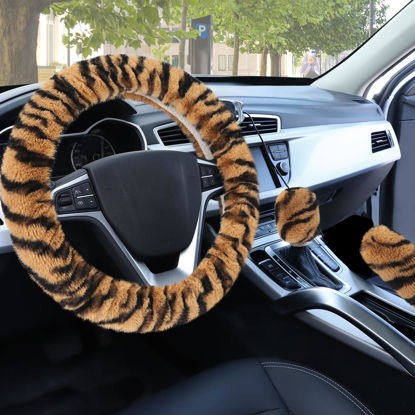 Picture of Accmor Fluffy Car Steering Wheel Cover, Universal Fuzzy Auto Wheel Cover & Handbrake Cover & Gear Shift Cover Set, Anti-Slip Tiger Stripe Warm Fur Vehicle Wheel Protector Car Accessories for Men Women