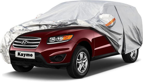 Picture of Kayme 6 Layers SUV Car Cover Custom Fit for Hyundai Santa Fe (2006-2025) Waterproof All Weather for Automobiles, Outdoor Full Cover Rain Sun UV Protection.Silver