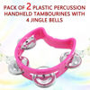 Picture of Cheerock Pack of 2 Plastic Percussion Handheld Tambourines with 4 Jingle Bells, Pink Mini Hand Bell Percussion, Musical Rhythm Instruments for Kids, Adults, School and Party