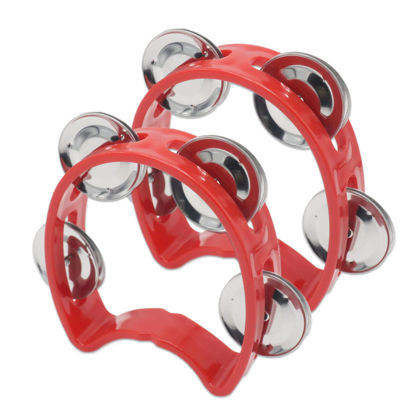Picture of Cheerock Pack of 2 Plastic Percussion Handheld Tambourines with 4 Jingle Bells, Red Mini Hand Bell Percussion, Musical Rhythm Instruments for Kids, Adults, School and Party