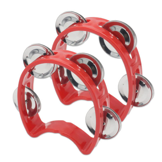 Picture of Cheerock Pack of 2 Plastic Percussion Handheld Tambourines with 4 Jingle Bells, Red Mini Hand Bell Percussion, Musical Rhythm Instruments for Kids, Adults, School and Party