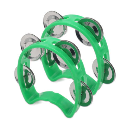 Picture of Cheerock Pack of 2 Plastic Percussion Handheld Tambourines with 4 Jingle Bells, Green Mini Hand Bell Percussion, Musical Rhythm Instruments for Kids, Adults, School and Party