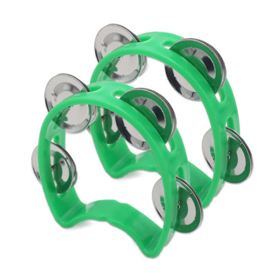 Picture of Cheerock Pack of 2 Plastic Percussion Handheld Tambourines with 4 Jingle Bells, Green Mini Hand Bell Percussion, Musical Rhythm Instruments for Kids, Adults, School and Party