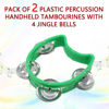 Picture of Cheerock Pack of 2 Plastic Percussion Handheld Tambourines with 4 Jingle Bells, Green Mini Hand Bell Percussion, Musical Rhythm Instruments for Kids, Adults, School and Party