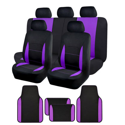 Picture of Flying Banner Car Seat Covers Front Seats Rear Bench Polyester car seat Protectors Easy installations Rear Bench Split Classic Man Lady Truck (Full Set - Low Back - Combo Pack, Black Purple)