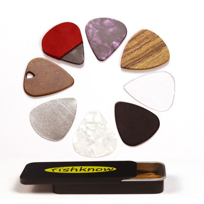 Picture of Fishknow Guitar Picks for Acoustic Guitar,Celluloid,Copper,Steel,Pvc,Acrylic,Wooden Guitar Picks,Thin Medium and Heavy