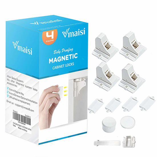 Picture of Child Safety Magnetic Cabinet Locks - vmaisi 4 Pack Adhesive Baby Proofing Cabinets & Drawers Latches