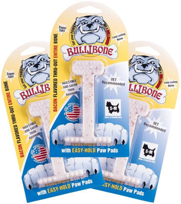 Picture of Bullibone Nylon Dog Chew Toy Nylon Bone - Improves Dental Hygiene, Easy to Grip Bottom, and Permeated with Flavor (Bacon, Small - 3 Pack)