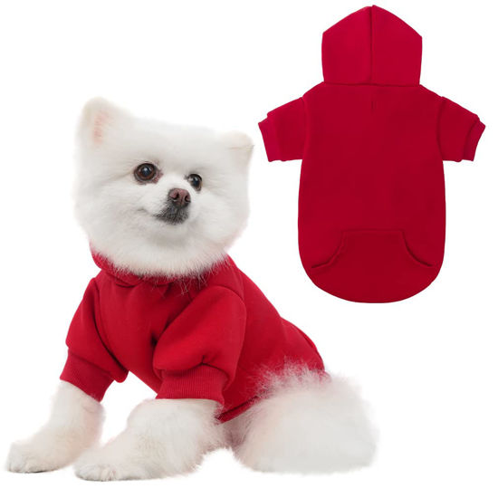 Picture of Basic Dog Hoodie - Soft and Warm Dog Hoodie Sweater with Leash Hole and Pocket, Dog Winter Coat, Cold Weather Clothes for XS-XXL Dogs Red