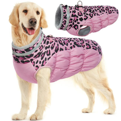 Picture of FUAMEY Dog Winter Coat,Dog Cold Weather Coats Dog Jackets with Zipper on Back with Harness Built in Dog Paded Vest Water Resistant Reflective Jacket for Small Medium Large Dogs Pink Leopard L