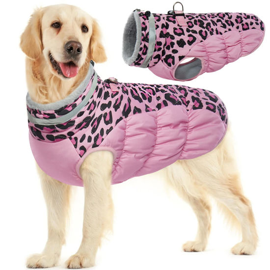 Picture of FUAMEY Dog Winter Coat,Dog Cold Weather Coats Dog Jackets with Zipper on Back with Harness Built in Dog Paded Vest Water Resistant Reflective Jacket for Small Medium Large Dogs Pink Leopard L