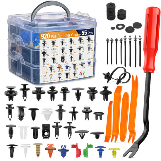 Picture of GOOACC 975Pcs Car Push Retainer Clips & Auto Fasteners Assortment 33 Most Popular Sizes Bumper Fender Rivets with Cable Ties Remover for Ford GM Toyota Honda Chrysler BMW Benz Audi Nissan Mazda Subaru