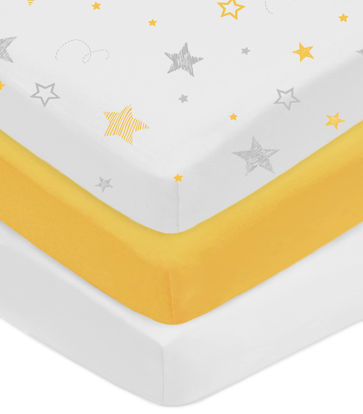 Picture of American Baby Company 3 Pack Printed 100% Natural Cotton Value Jersey Knit Fitted Portable/Mini-Crib Sheet, Golden Yellow Star/Yellow/White, Soft Breathable, for Boys and Girls